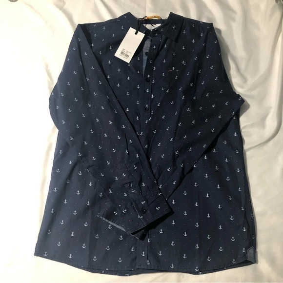PaperDenim&Cloth Navy Blue Nautical button Down long sleeve shirt 100% Cotton - Picture 1 of 11